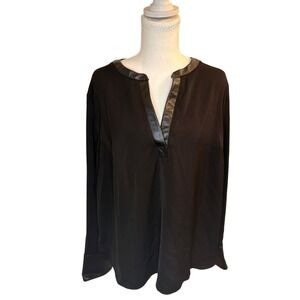 Michael Kors Womens XL Black Long Sleeve Faux Leather Trim Split Neck Blouse Top